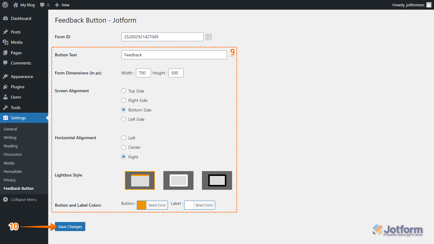 Several options for the Jotform Feedback Button plugin