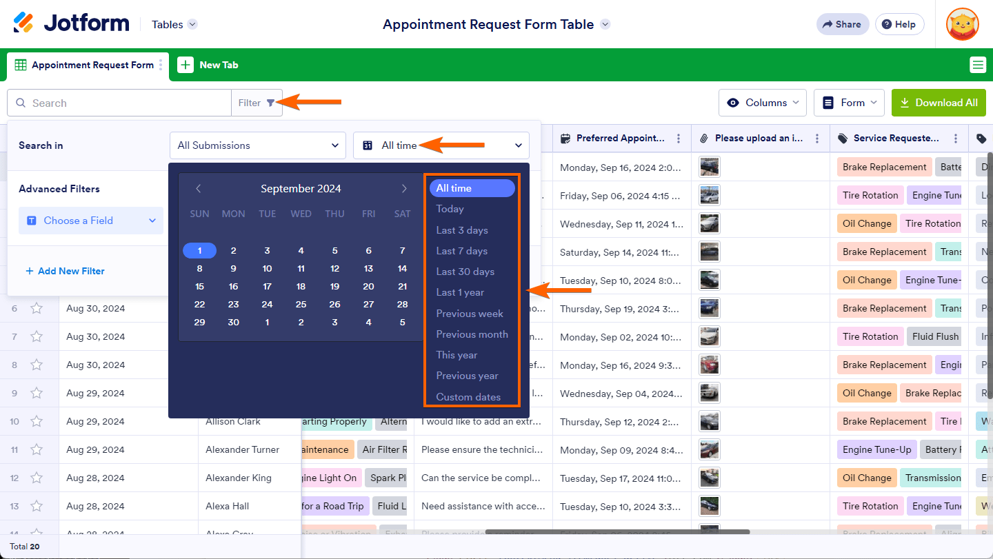 Opciones de Rango de Fecha en el menú de Filtro Avanzado de Jotform Tables