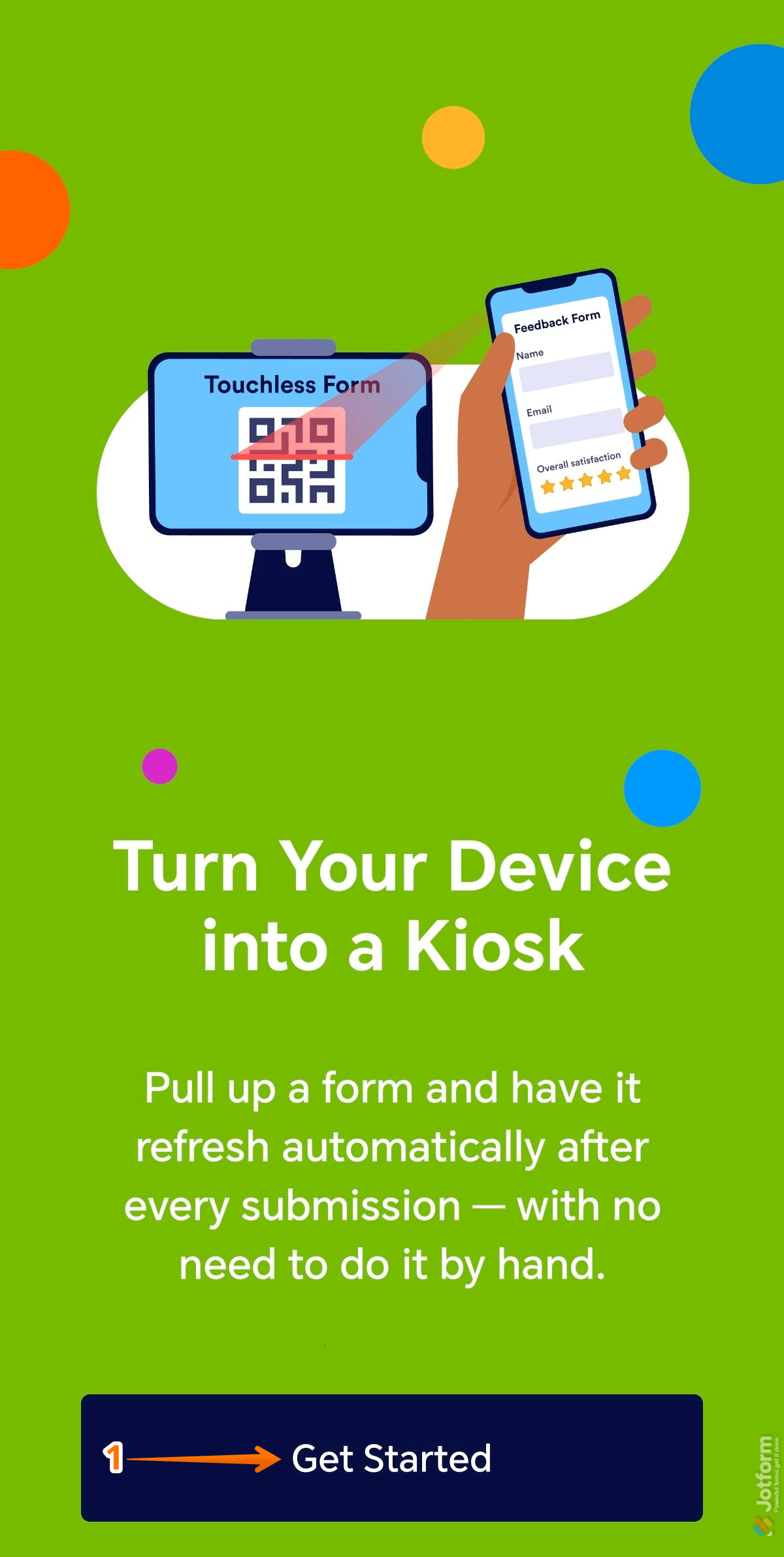Splash screen of the Jotform Mobile Forms with the Get Started button
