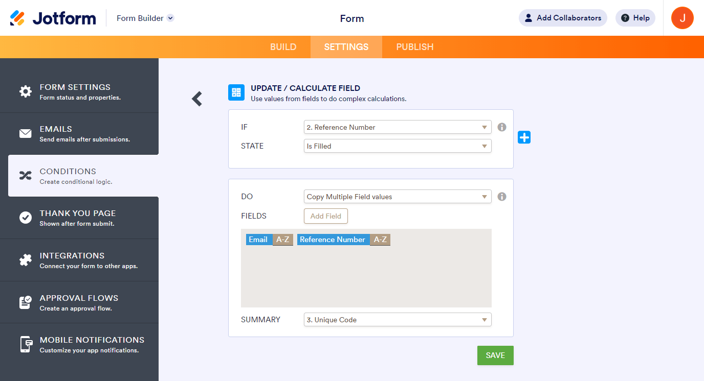 Update or Calculate Field condition in Jotform Form Builder showing the If and Do rules for combining the entries from multiple fields