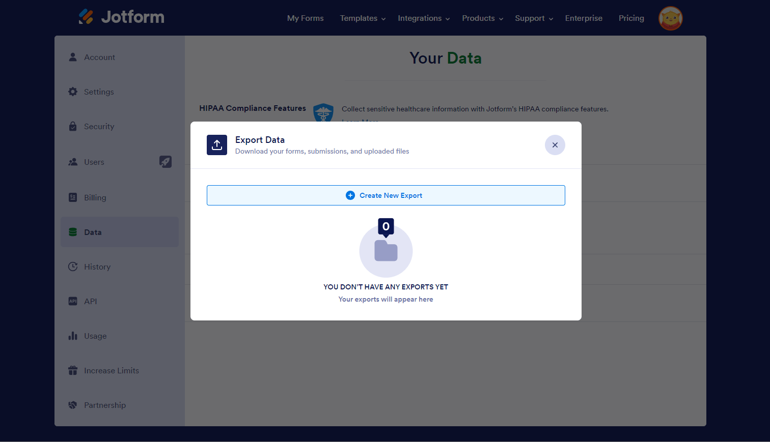 Botón Crear Nueva Exportación en el proceso de Exportar Datos en Jotform