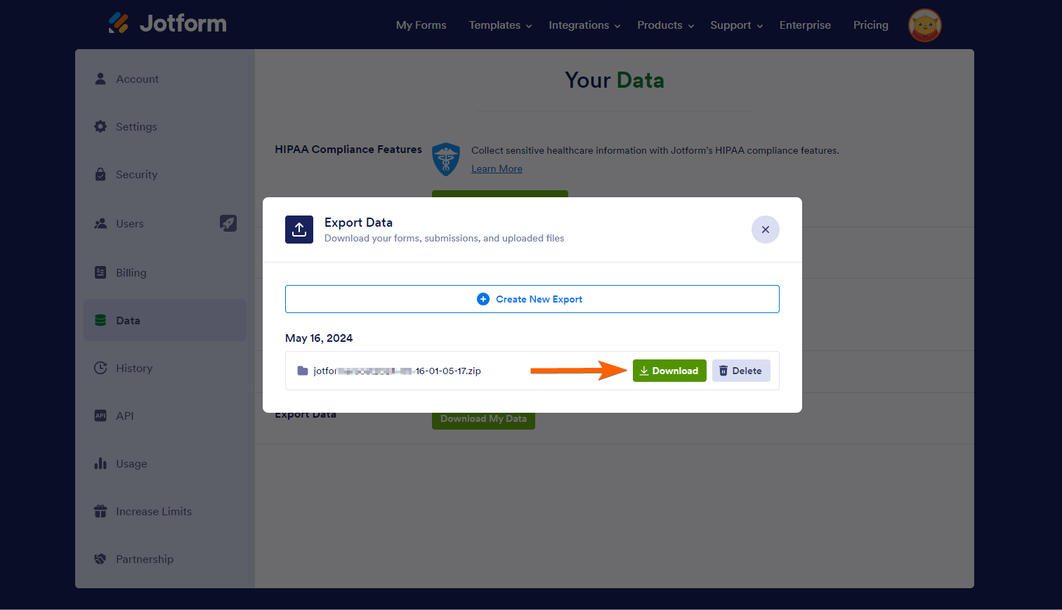 Botón de descarga en el proceso de Exportar Datos con Jotform