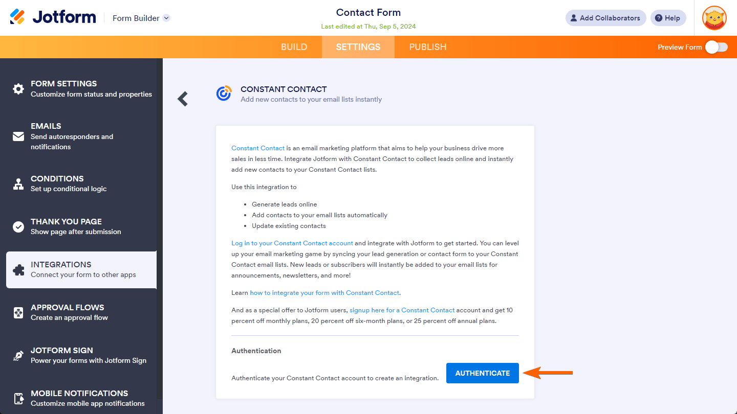 Botón de Autenticación en la configuración de integración de Constant Contact del Generador de Formularios