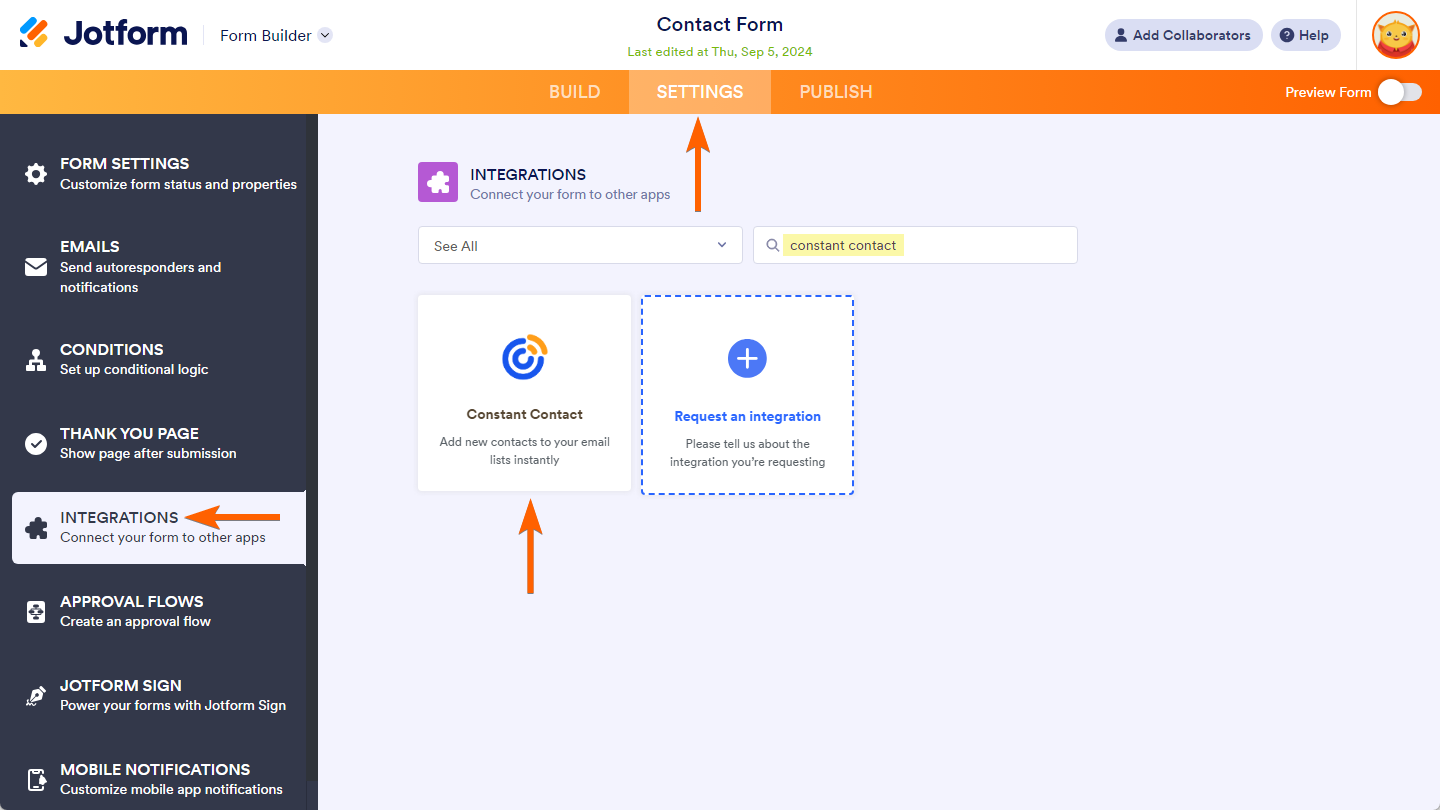 Opción de Constant Contact en la Configuración de Integración del Generador de Formularios