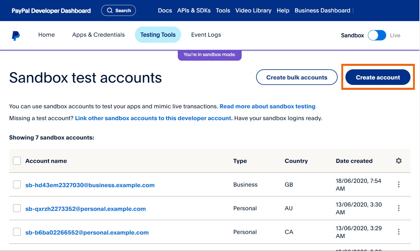 Create account button on PayPal Developers dashboard