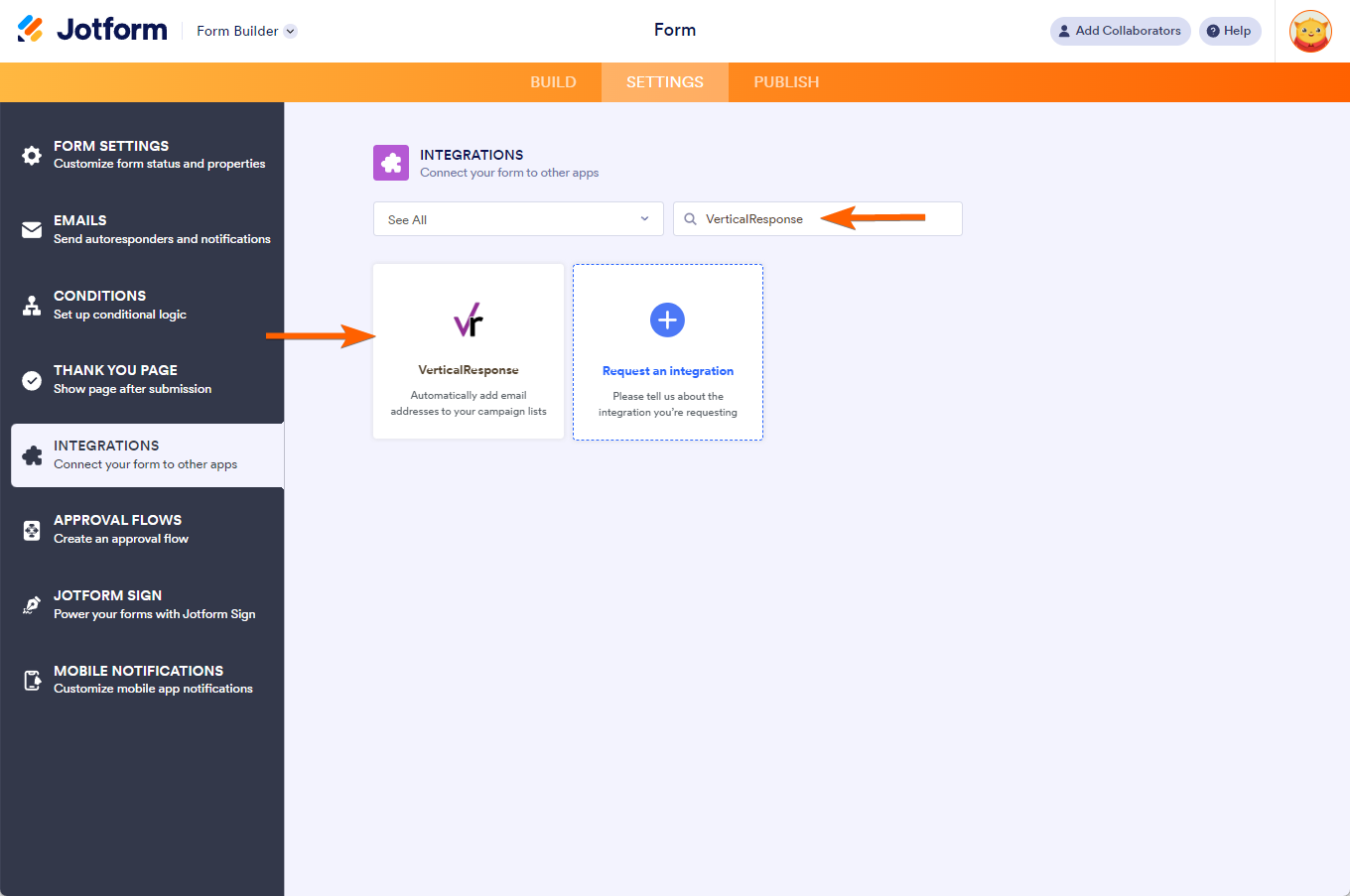 VerticalResponse in the Integrations section of the Jotform Form Builder