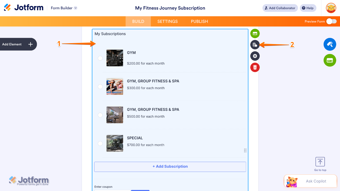 Form Builder showing a Payment Field with the stacked coins icon selected on the right side