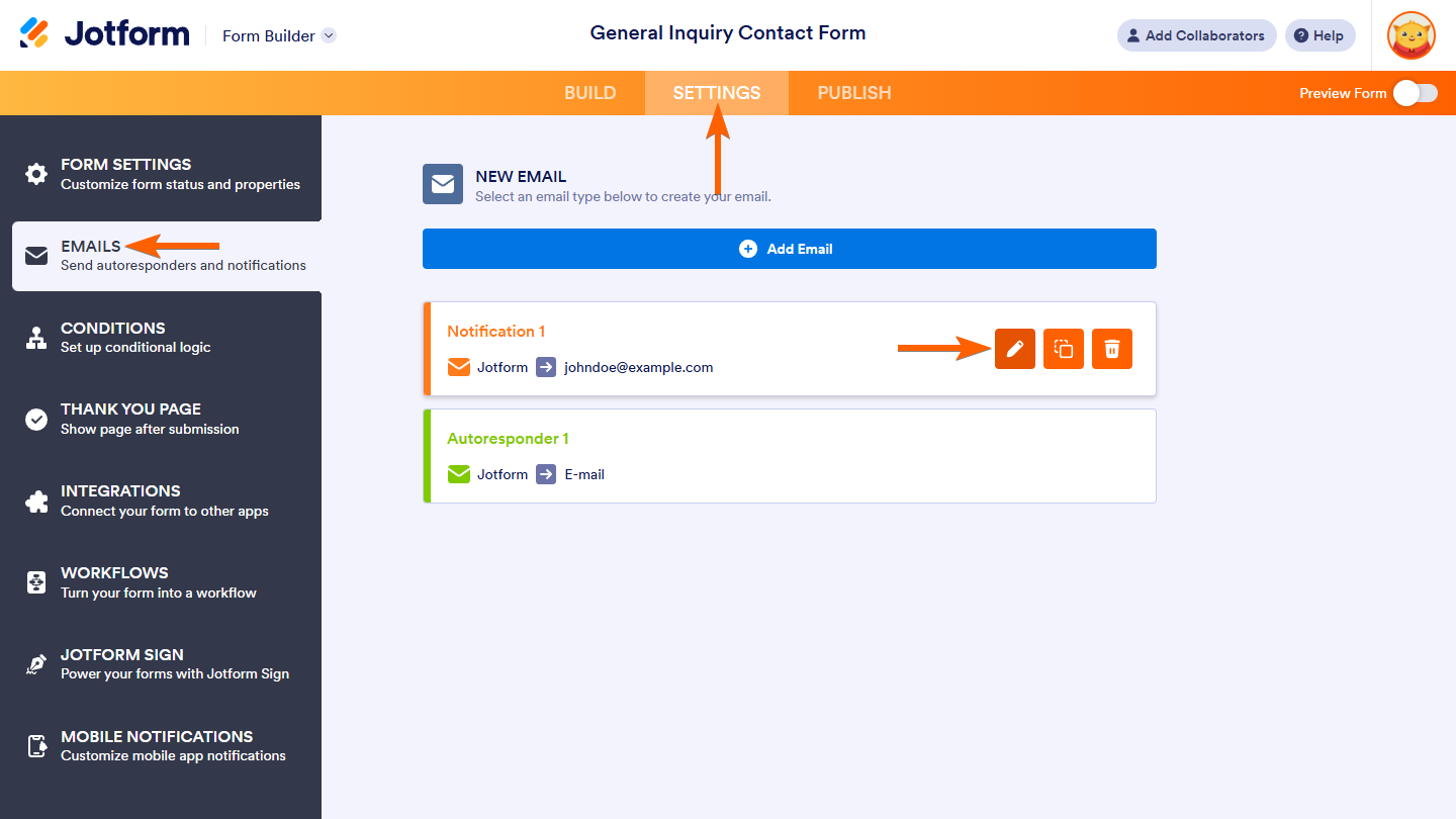 Botón de edición de un correo electrónico de notificación en la sección de correos de la pestaña de configuración en el Form Builder de Jotform