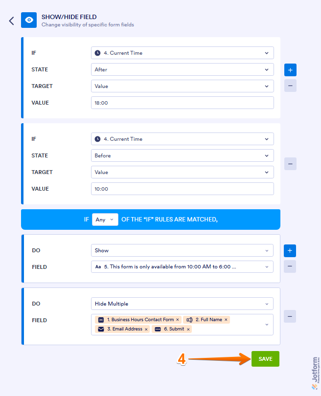 Conditions builder showing Show Hide Field rules configuration and Save button in Jotform