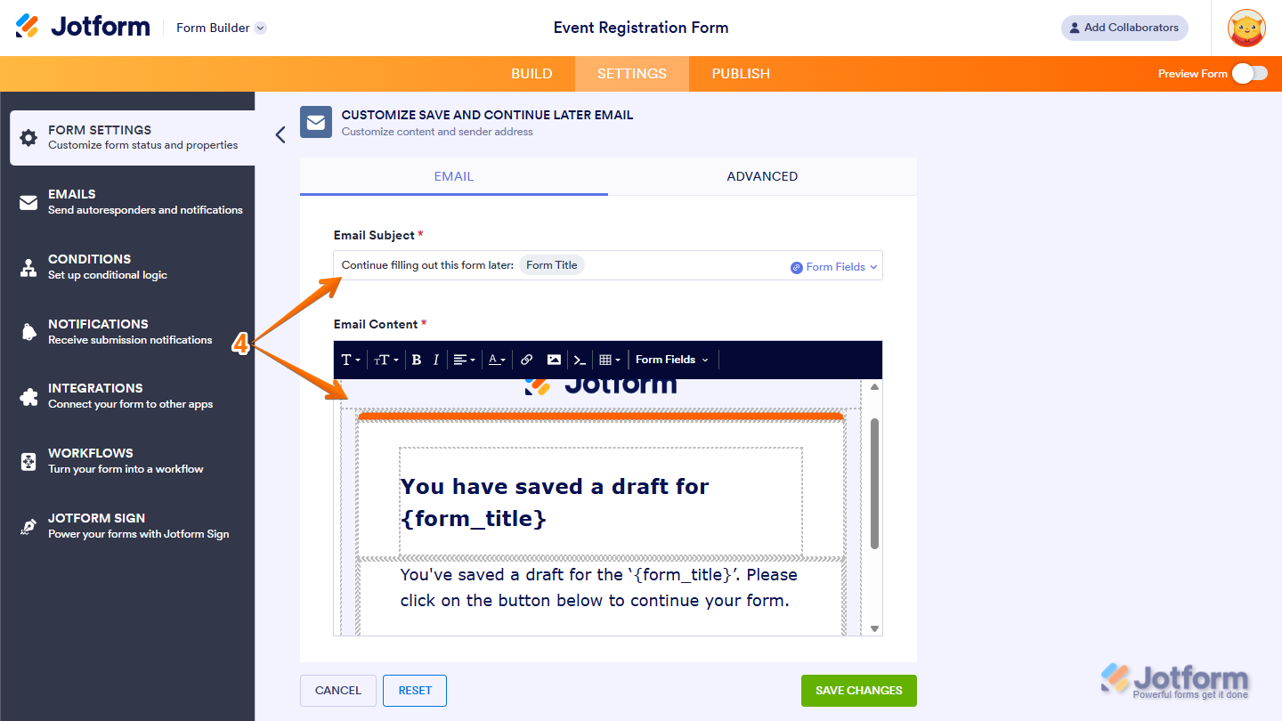 Save and Continue Later Email Content settings showing editable Email Subject and Email Content fields in Jotform