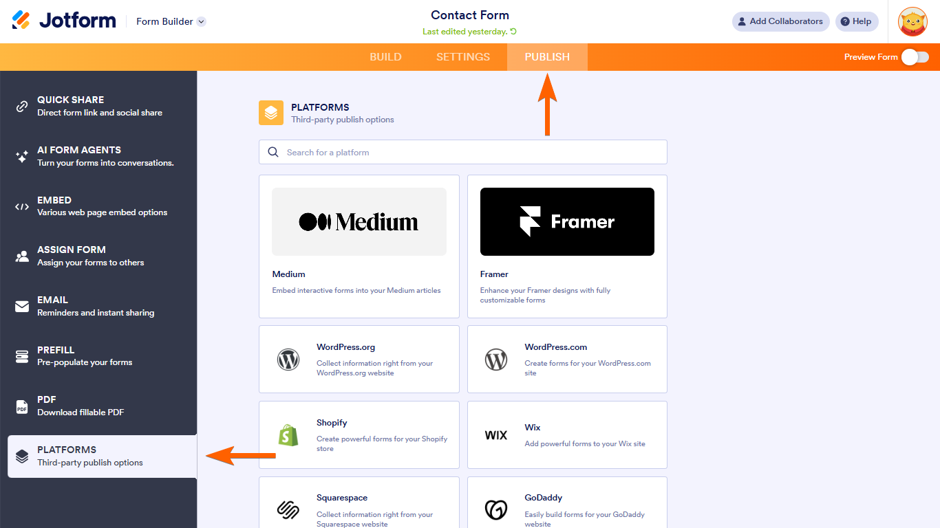 Una pestaña de Plataformas en el Constructor de Formularios de Jotform