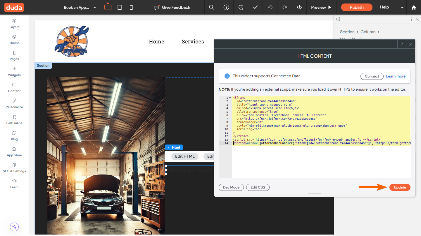 Form embed code in the HTML Content window on the Duda Website Builder