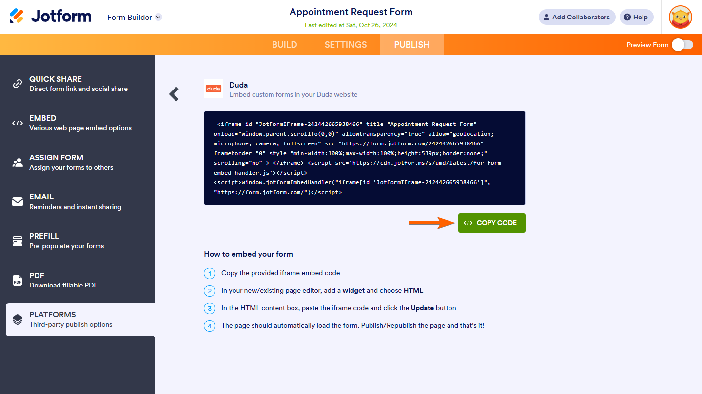 Duda Copy Code button in Platforms tab of Form Builder in Jotform