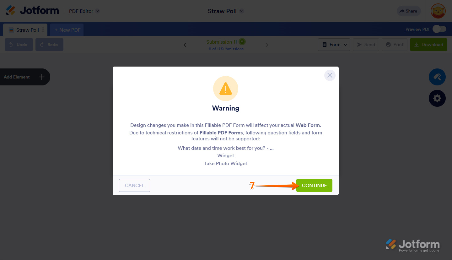 Form PDF Editor displaying a warning message about changes affecting web and PDF forms, with a Continue button highlighted