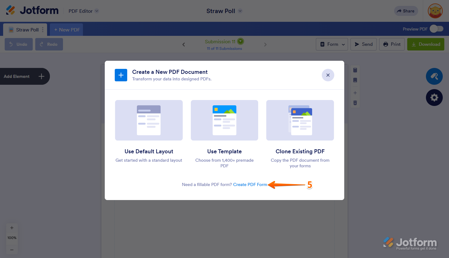 Form Create a New PDF Document window highlighting the blue Create PDF Form link at the bottom