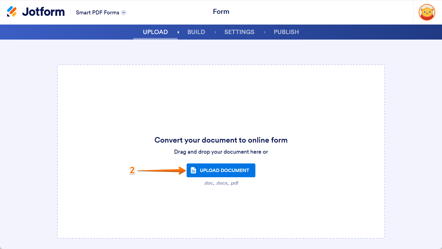 Smart PDF Form upload screen showing the Upload Document button to import a PDF file