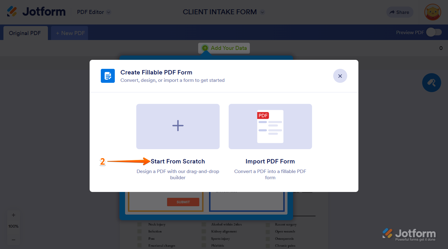 PDF Editor interface showing the Start From Scratch button to create a new fillable PDF form