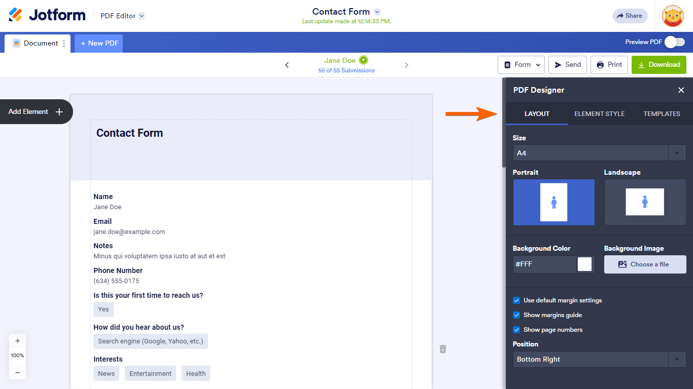 Pasos para ver opciones de personalización en el Editor PDF de Jotform