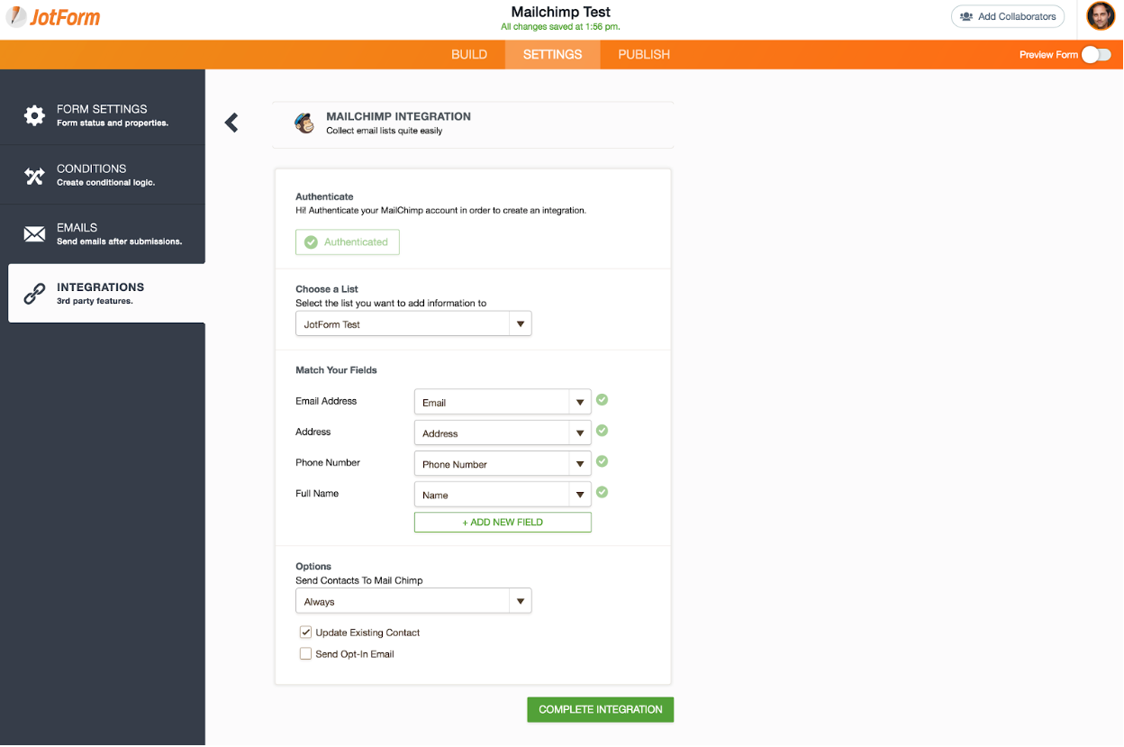 Mailchimp integration, merging fields on Jotform