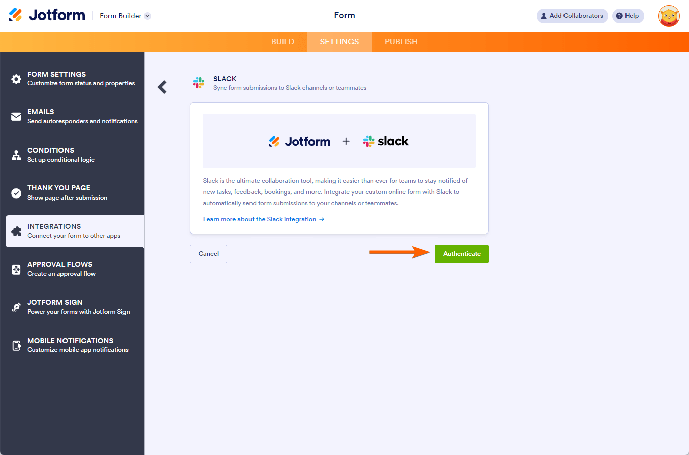 Botón de autenticar en la configuración de la integración de Slack con Jotform