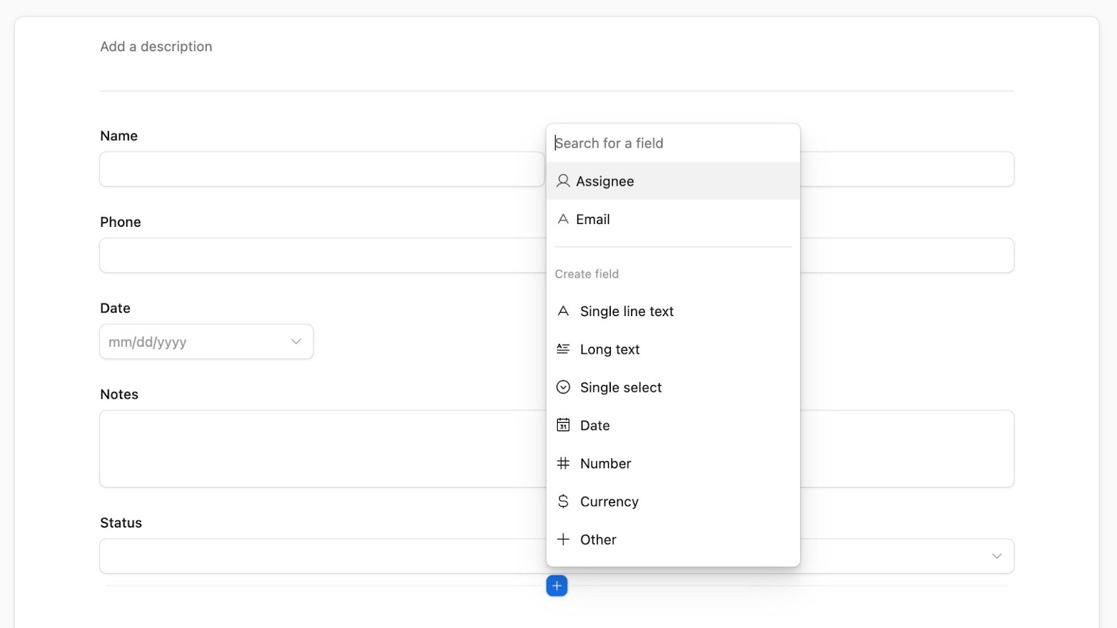 A screenshot of a form creation interface displaying fields like Name, Phone, Date, Notes, and Status