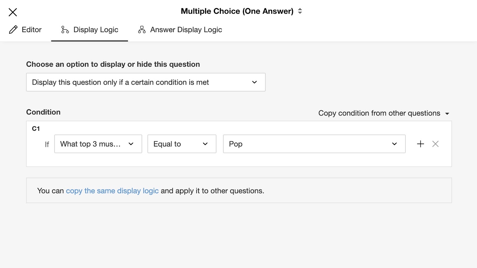A screenshot of a multiple-choice question setup interface, showing the "Display Logic" settings