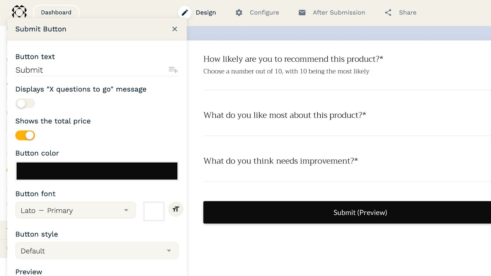 This screenshot shows a form editor with the "Submit Button" customization panel open