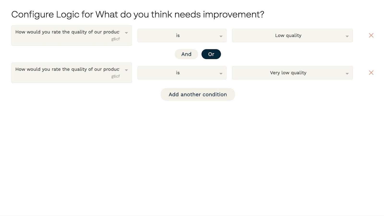 screenshot of displays a logic configuration for the question, "What do you think needs improvement?"