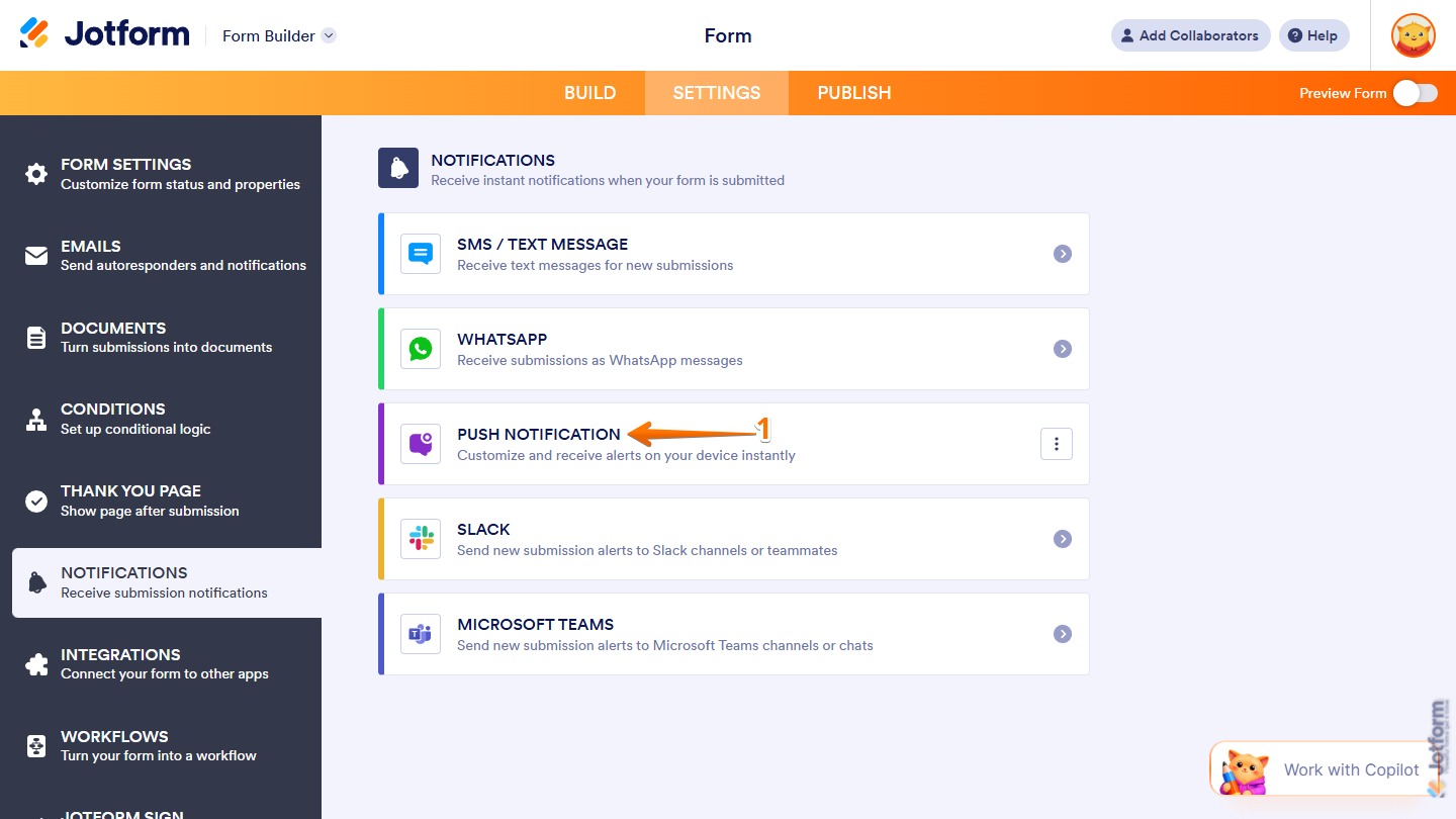 Push Notification menu in the Notifications tab of the Jotform Form Builder