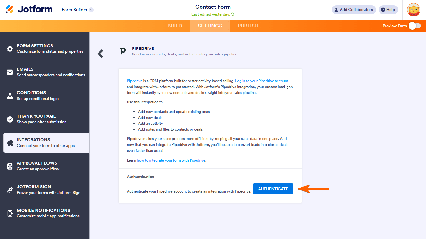 Pasos para integrar Jotform con Pipedrive