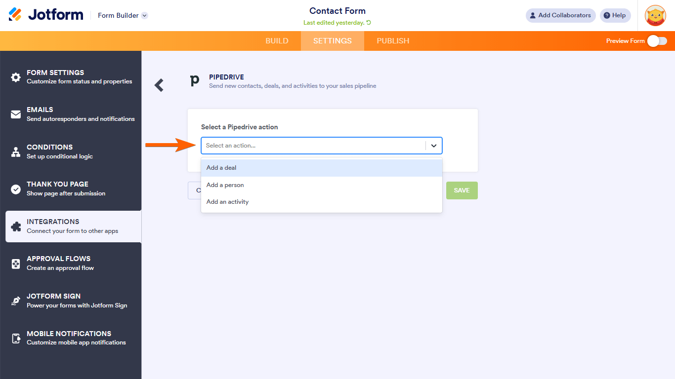 Pasos para integrar Jotform con Pipedrive