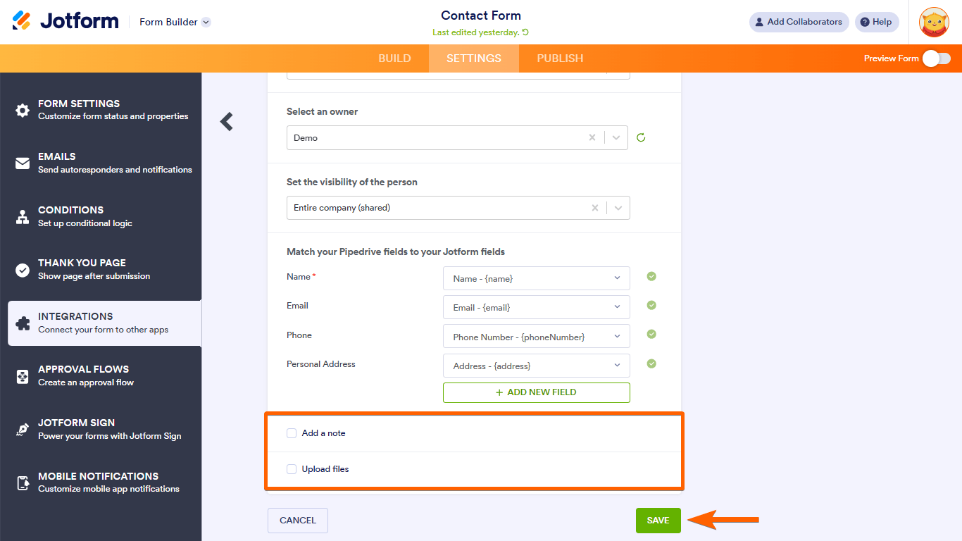 Pasos para integrar Jotform con Pipedrive