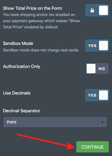 continue screen in cybersource integration menu