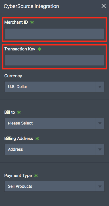 Merchant ID and transaction key fields
