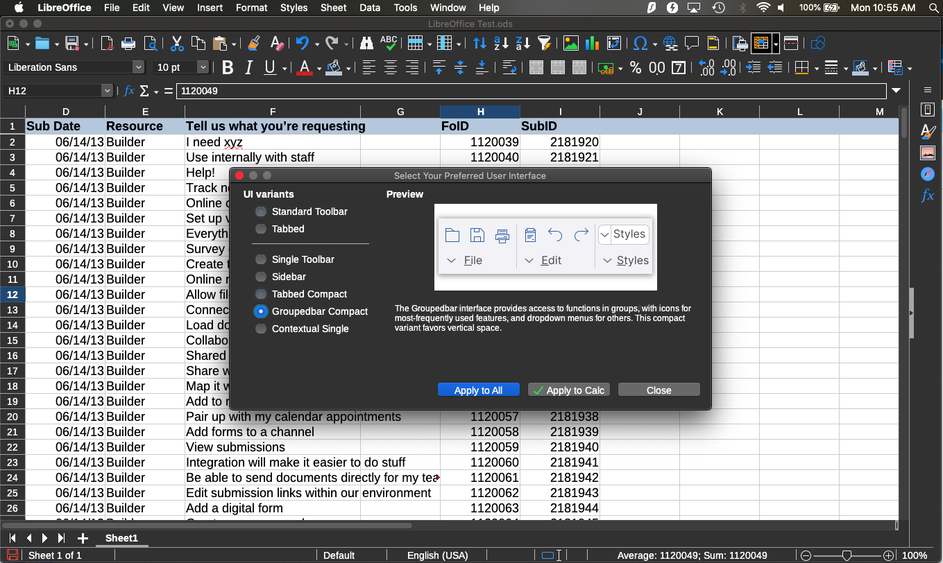 LibreOffice Calcのユーザーインターフェース