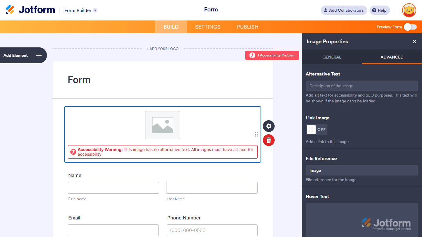 Accessibility warning in Jotform indicating that an image is missing alternative text, which is required for screen readers