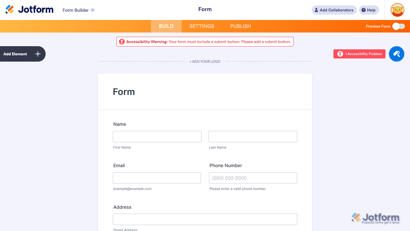 Accessibility warning showing a missing submit button error, indicating the form cannot be submitted without adding a submit button in Jotform
