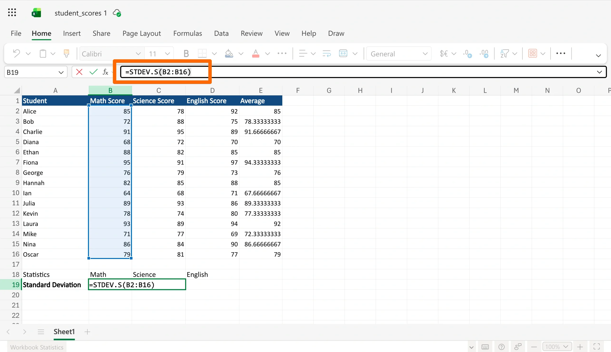 Excel formula bar showing the STDEV