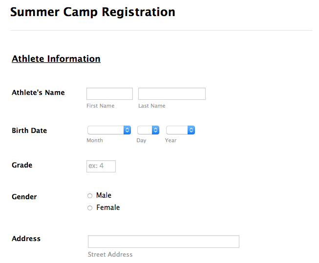 Summer camp detailed registration form template