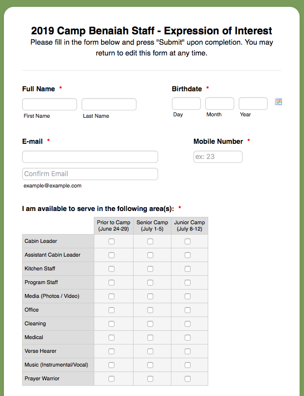 Volunteer registration form template