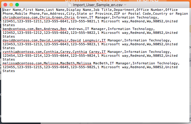 User data in CSV file format