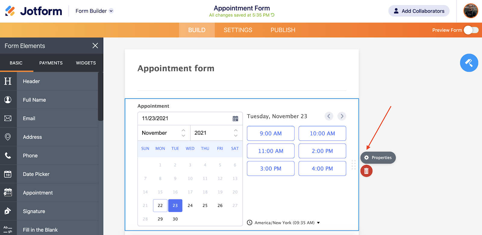 A new appointment form in Jotform's Form Builder interface