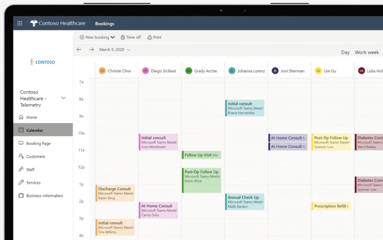 An appointment calendar in Microsoft Booking's scheduling interface
