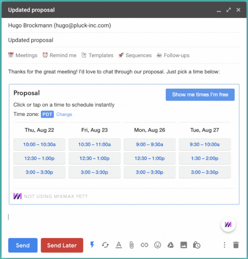An booking form in Mixmax's scheduling interface