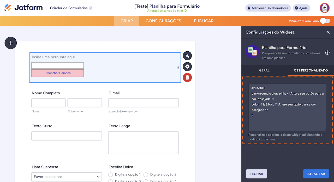Injetando códigos CSS no widget