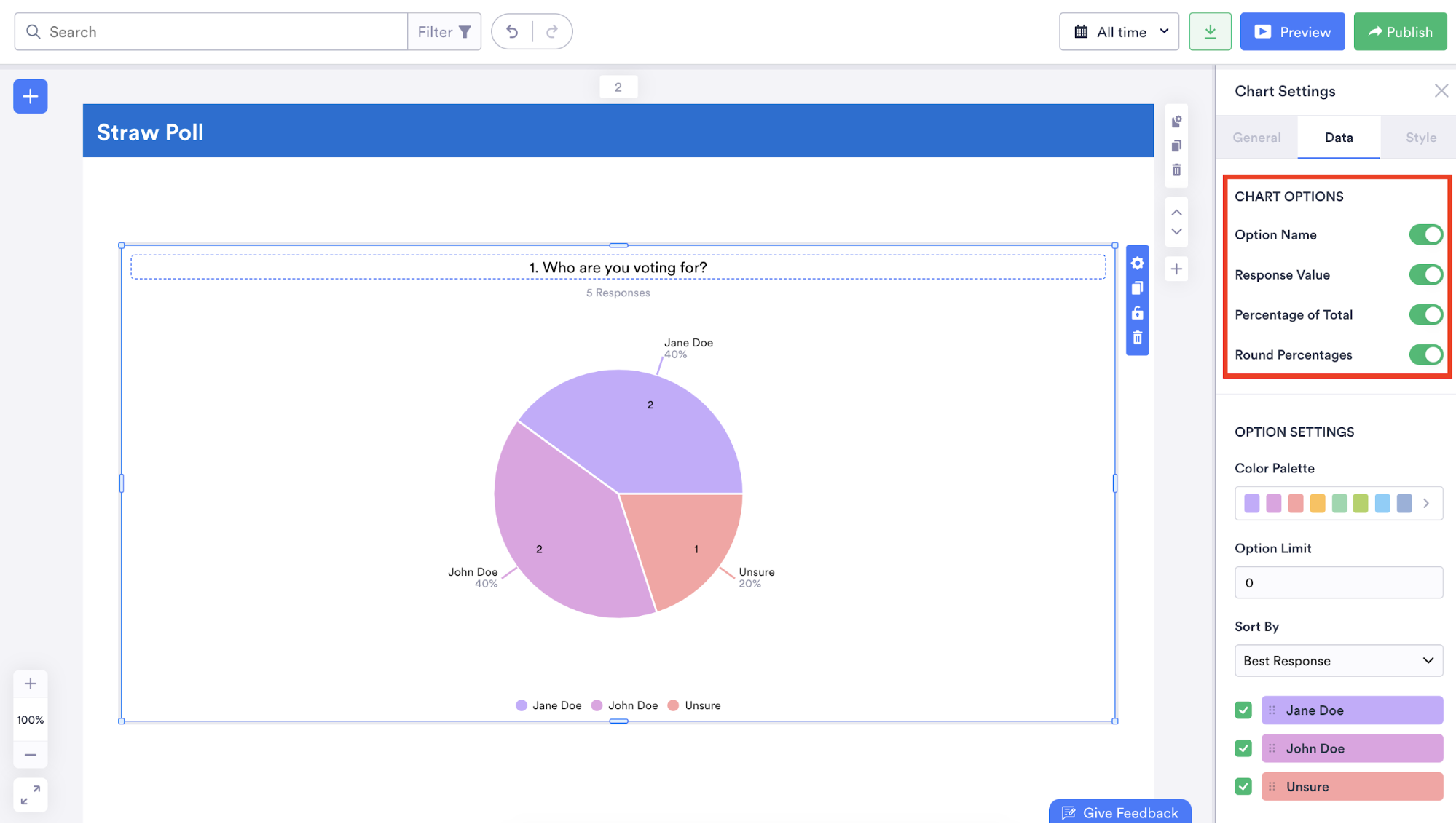 Highlighting the Chart Options in the Jotform Report Builder