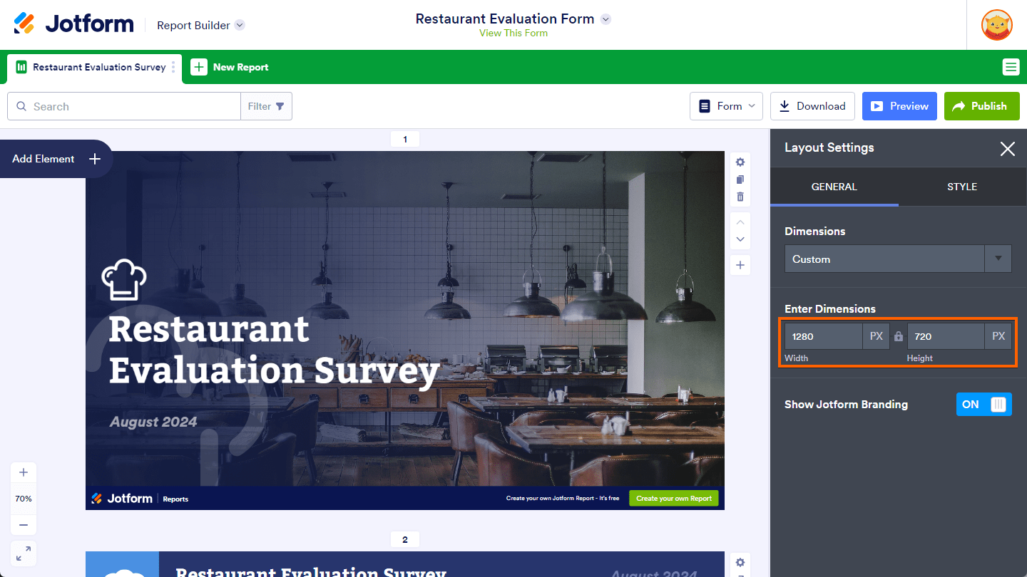 Enter width and height Dimension settings in the Layout Settings of the Report Builder
