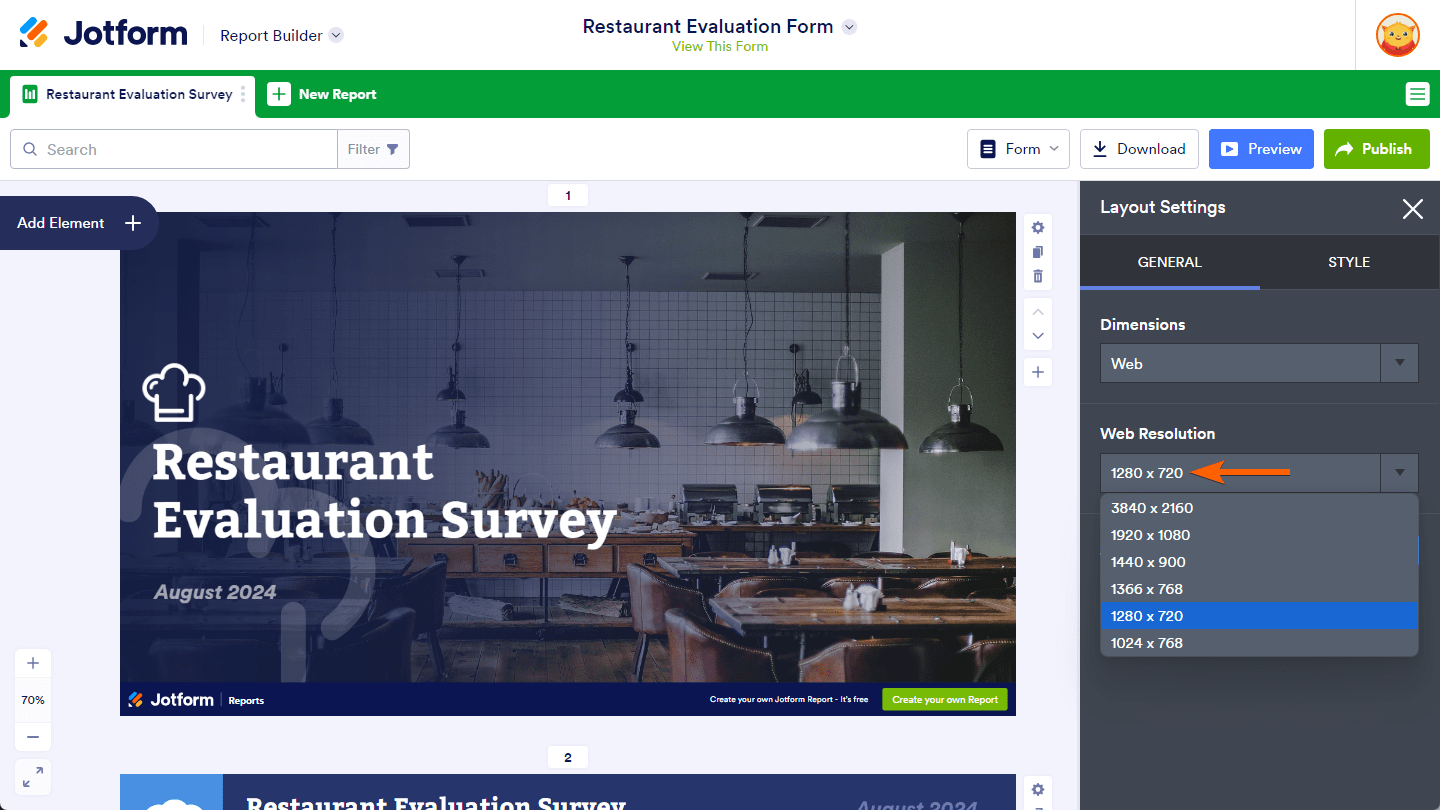 Click to enlarge Web Resolution setting options in the Layout Settings of the Report Builder