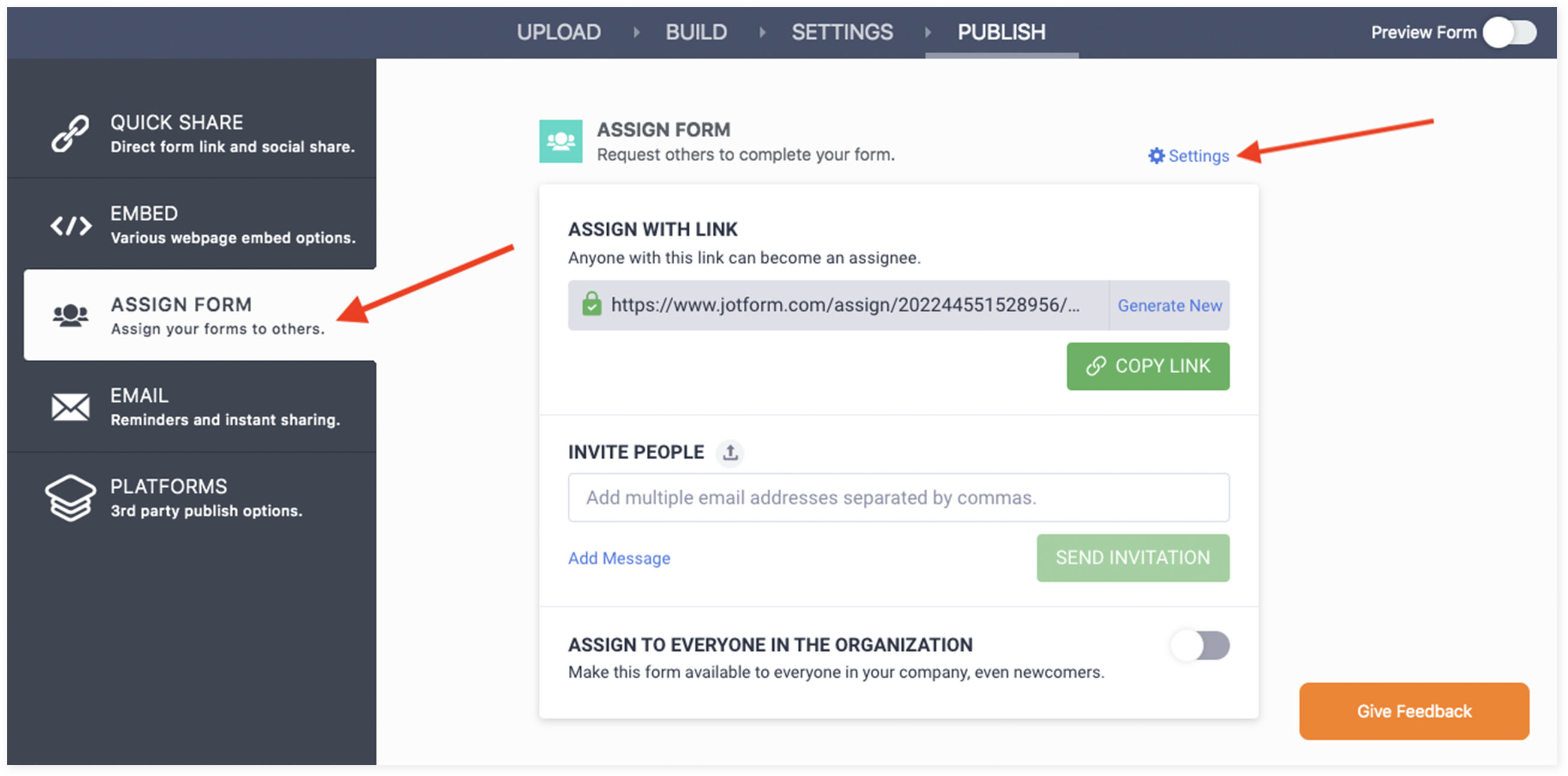 Jotform Smart PDF Form's Assign Form Feature Clicking on Settings
