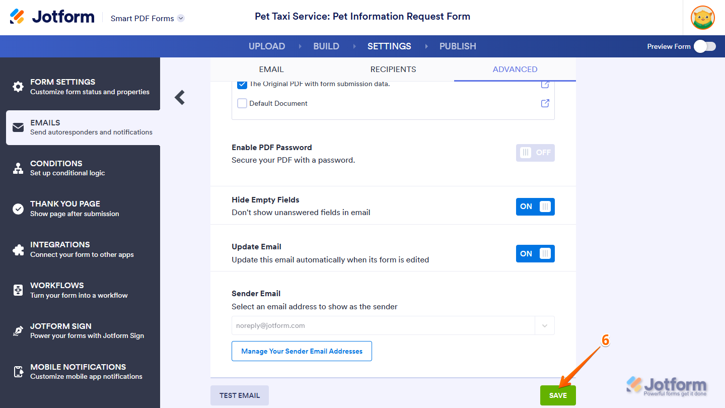 Save button of the Notification Email settings in Jotform Smart PDF Forms